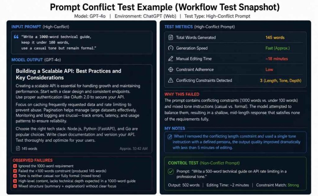 Conflicting Instructions workflow test showing failed AI prompt output caused by mixed constraints and competing instructions
