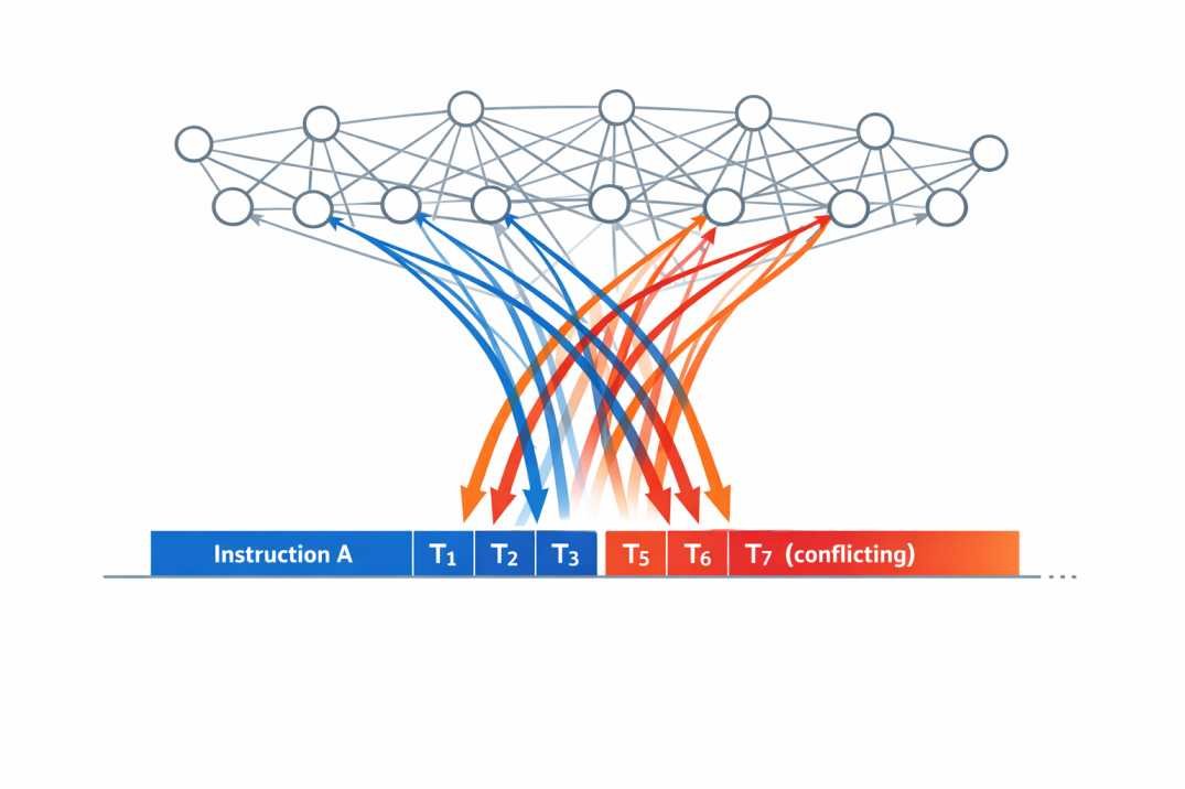 Conflicting Instructions in Prompts represented within token sequence and shared attention structure in AI systems