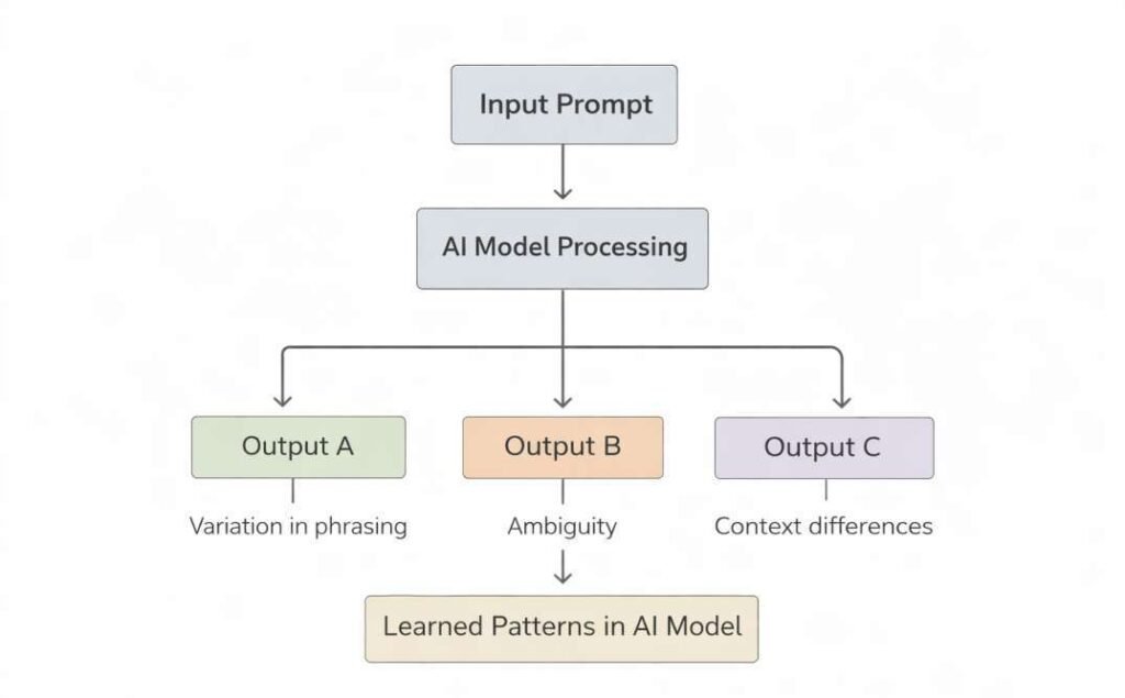 Diagram showing one input prompt processed by an AI model producing multiple different outputs due to context interpretation variability