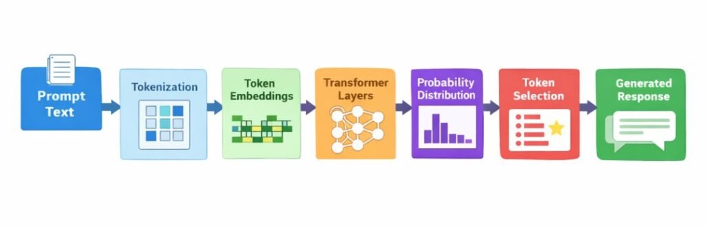 diagram showing how AI tools interpret prompts through tokenization embeddings transformer processing probability distribution and token generation