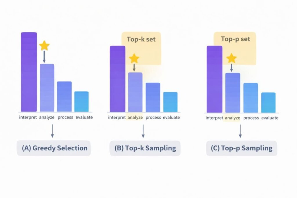 comparison diagram showing how AI tools interpret prompts using greedy top k and top p token sampling strategies