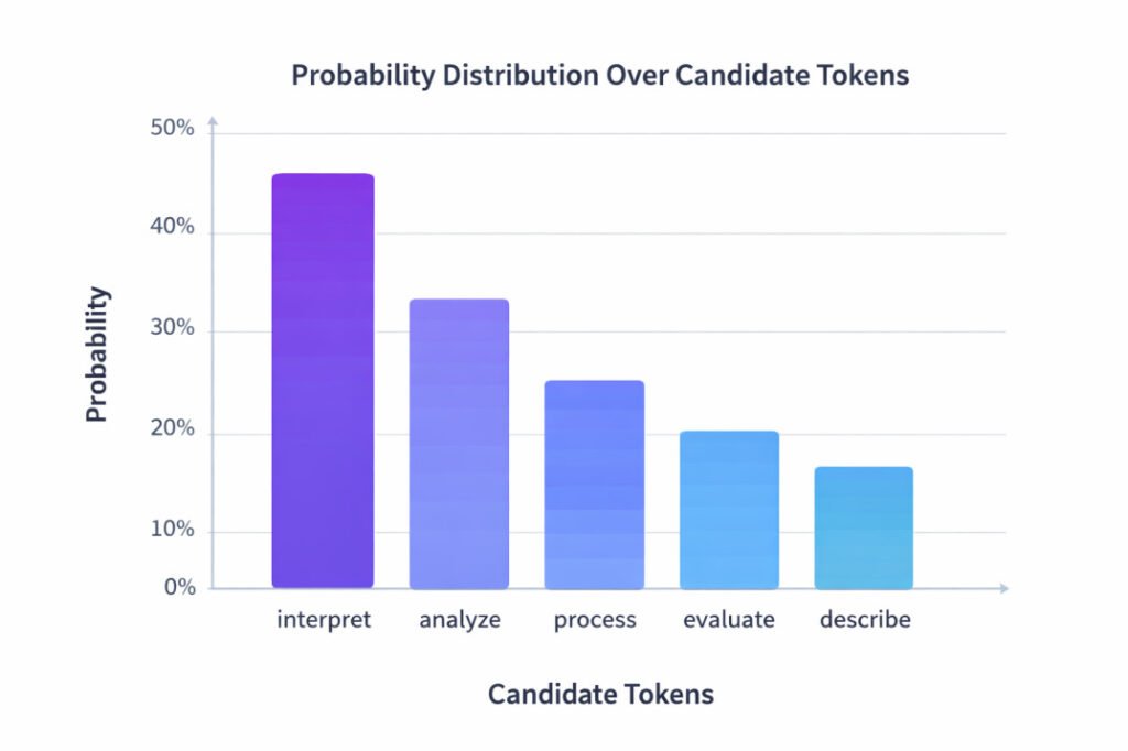 visual explanation of how AI tools interpret prompts using token probability distributions during language model prediction