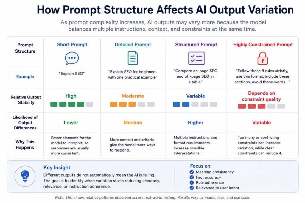 Infographic showing how different prompt structures affect AI output variation and response consistency.