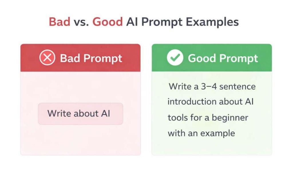How to Use ChatGPT for Beginners prompt example showing bad vs good prompt comparison
