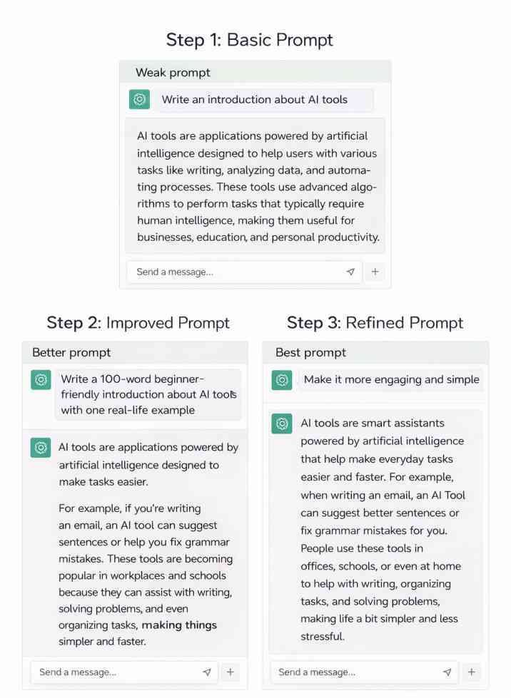 Step-by-step example showing how to use ChatGPT prompts, from a basic prompt to an improved and refined prompt with better results