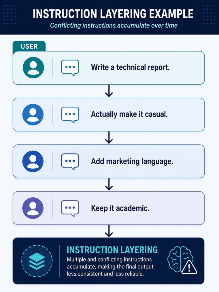 Diagram showing how successive prompt revisions create instruction layering, reducing ChatGPT output consistency and increasing response ambiguity.