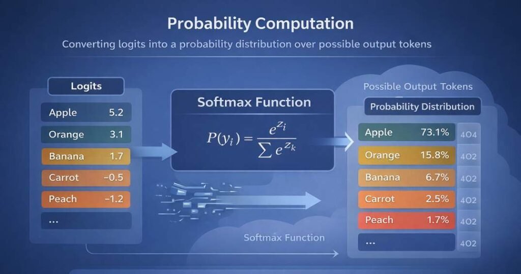Diagram showing logits converted into a probability distribution using the softmax function during AI inference