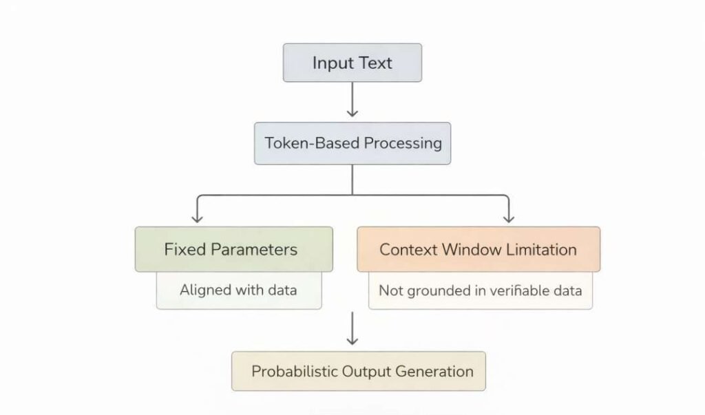 Diagram showing token-based processing, fixed parameters, and context window limitations in AI model architecture