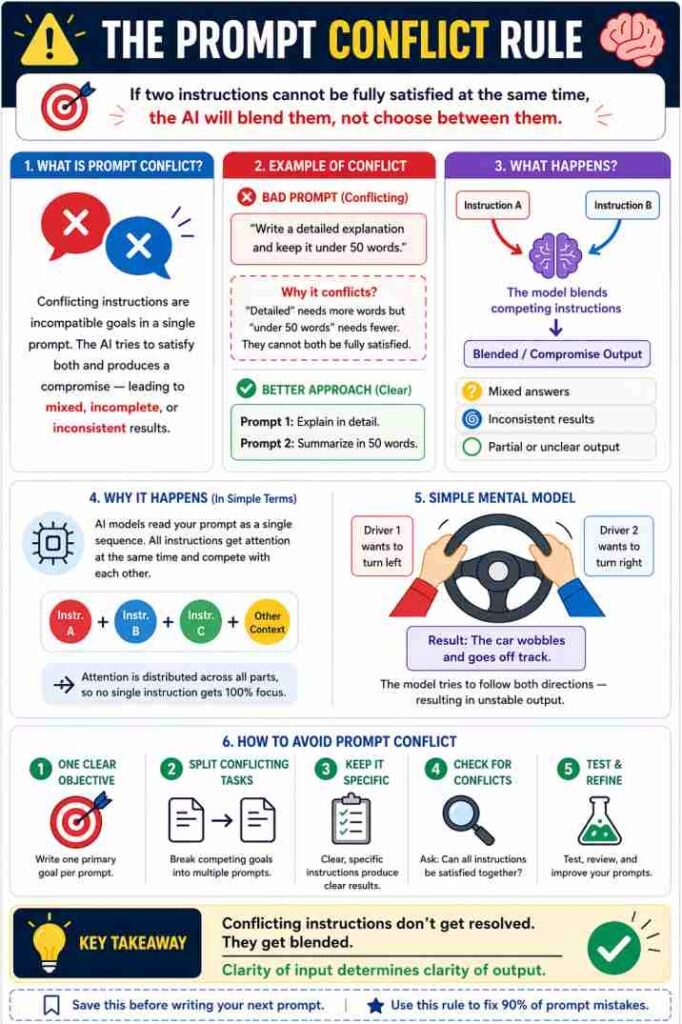 Prompt Conflict Rule infographic showing how conflicting instructions lead to blended AI output and how to fix prompts