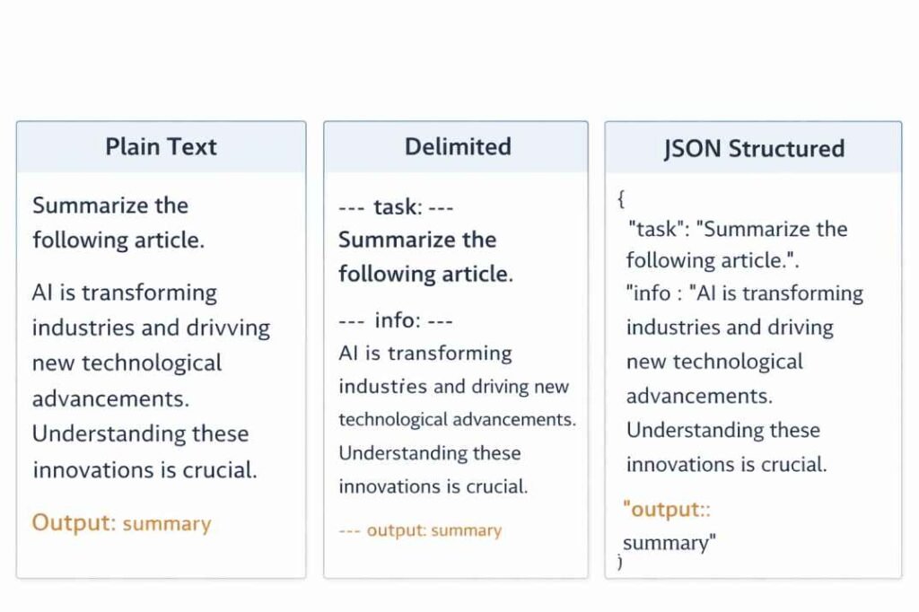Comparison of prompt input formats including plain text, delimited structure, and JSON-based structured representation