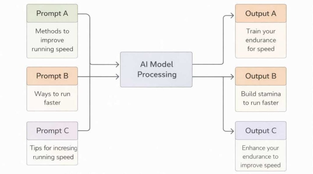 Diagram showing multiple prompts processed by an AI model producing different outputs due to variation in phrasing