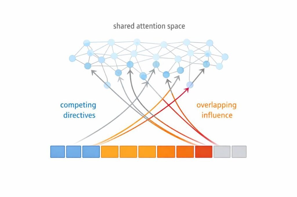 Conflicting instructions in prompts interacting within a shared attention space in AI models