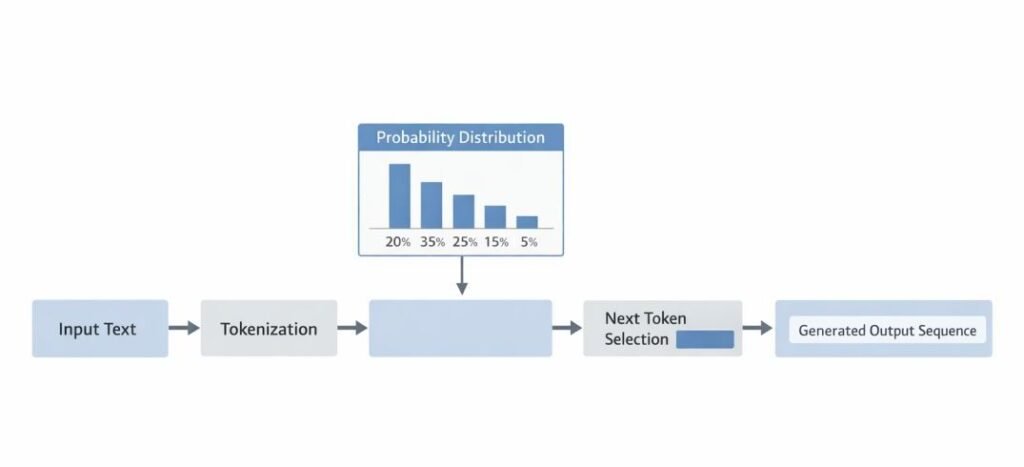 Diagram showing input text processed into tokens, followed by probability distribution and selection of next token in AI language models