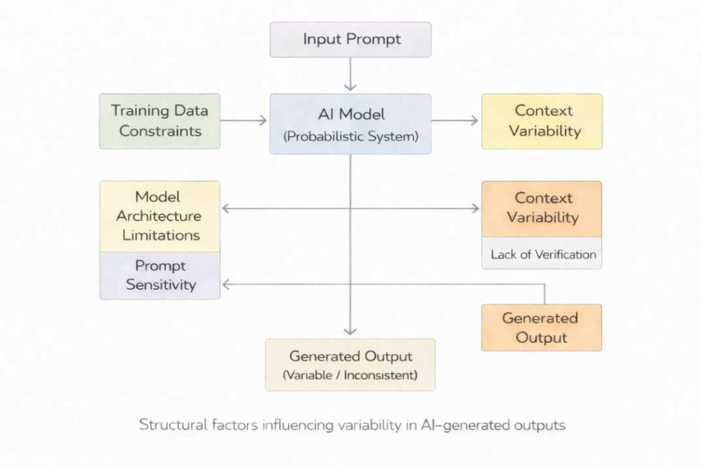 Diagram showing an input prompt processed by an AI model influenced by training data constraints, model architecture limitations, prompt sensitivity, context variability, and lack of verification, resulting in variable outputs