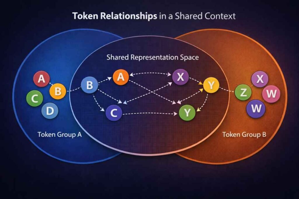 AI prompt token relationship diagram illustrating shared representational space and cross-token interaction structure