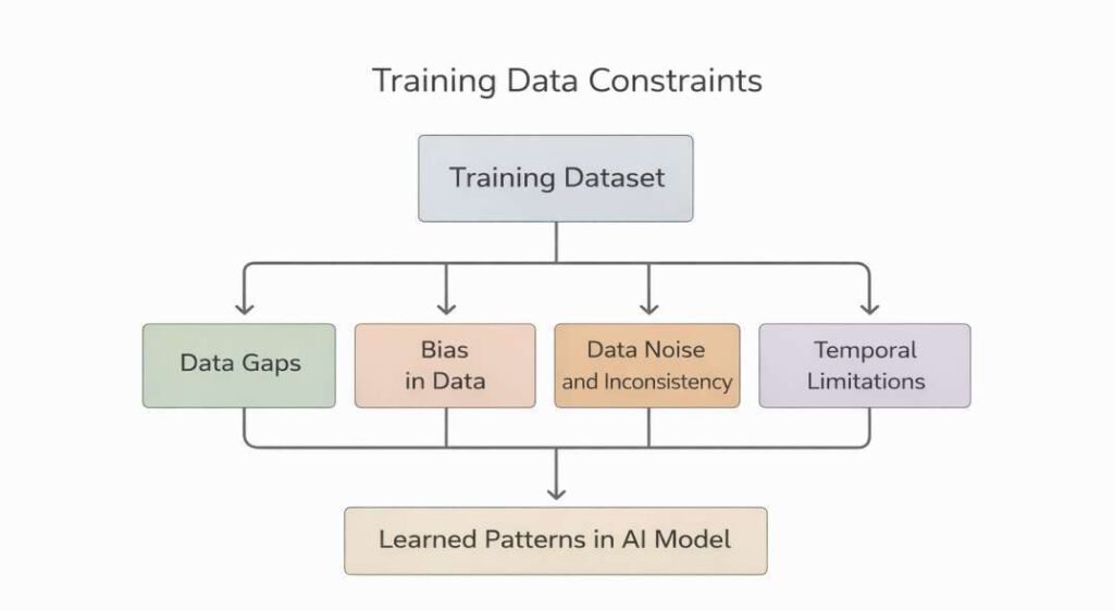 Diagram showing a training dataset with data gaps, bias, noise, and temporal limitations influencing learned patterns in an AI model