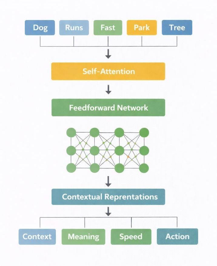 Conceptual illustration of transformer self-attention showing how token representations interact to compute contextual relationships.