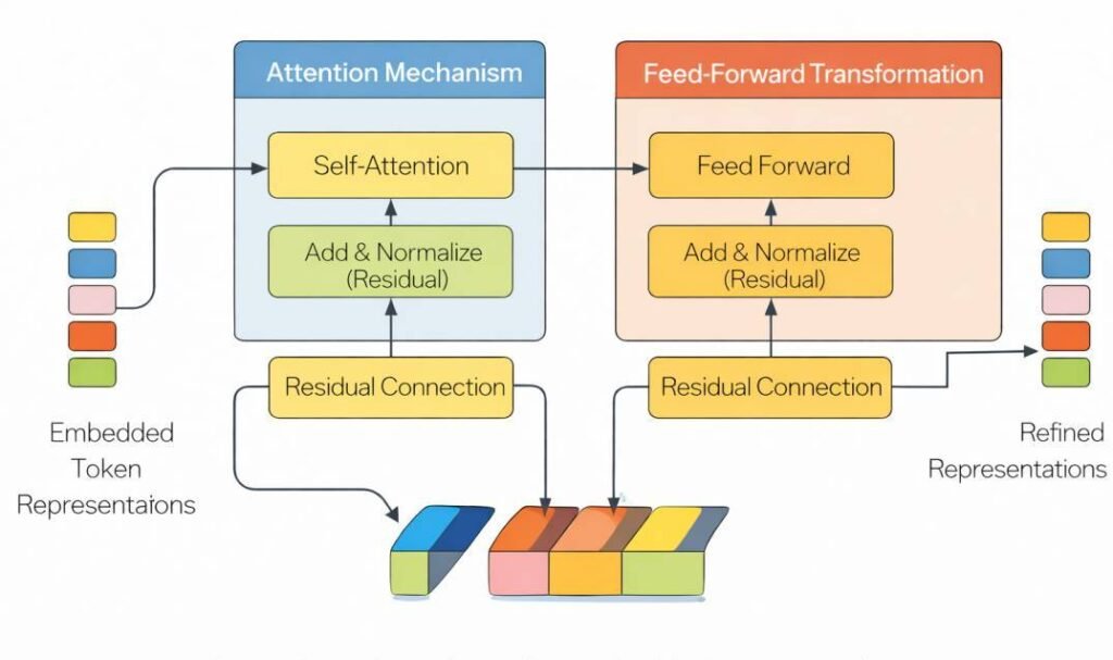 Diagram illustrating layered transformations in transformer architectures including self-attention, feed-forward transformation, normalization, and residual connections operating on embedded token representations.
