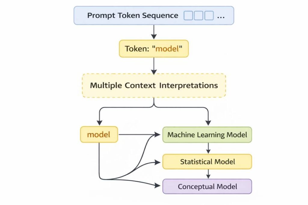 Conceptual diagram showing why AI tools misinterpret prompts when an ambiguous token like “model” leads to multiple contextual interpretations such as machine learning model, statistical model, and conceptual model.