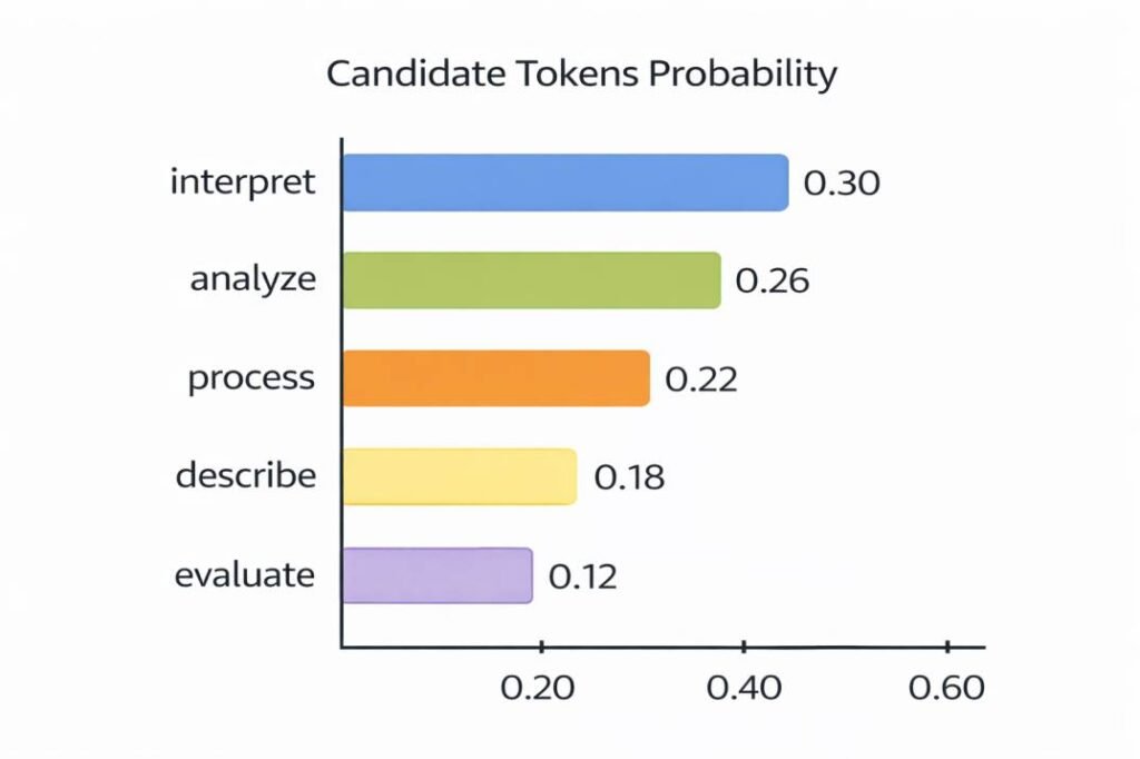 Conceptual diagram showing why AI tools misinterpret prompts through probability distribution over candidate tokens during language model prediction.