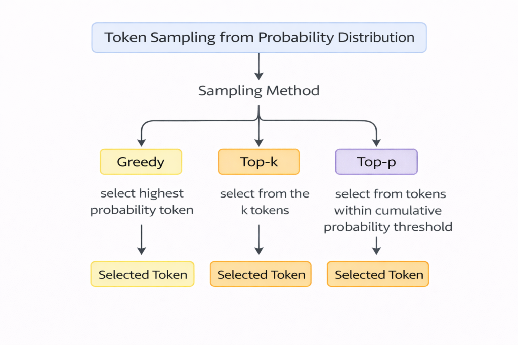 Conceptual diagram explaining why AI tools misinterpret prompts by showing greedy, top-k, and top-p token sampling methods used in language model generation.