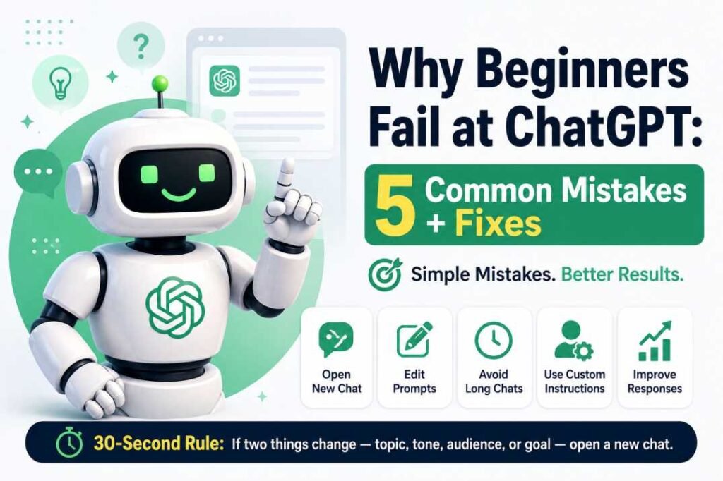 Featured image showing five common ChatGPT mistakes beginners make and simple fixes to improve results.