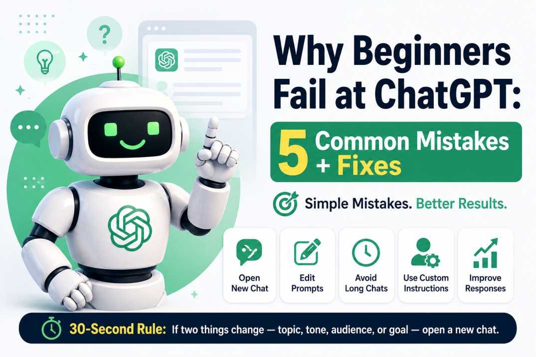 Featured image showing five common ChatGPT mistakes beginners make and simple fixes to improve results.