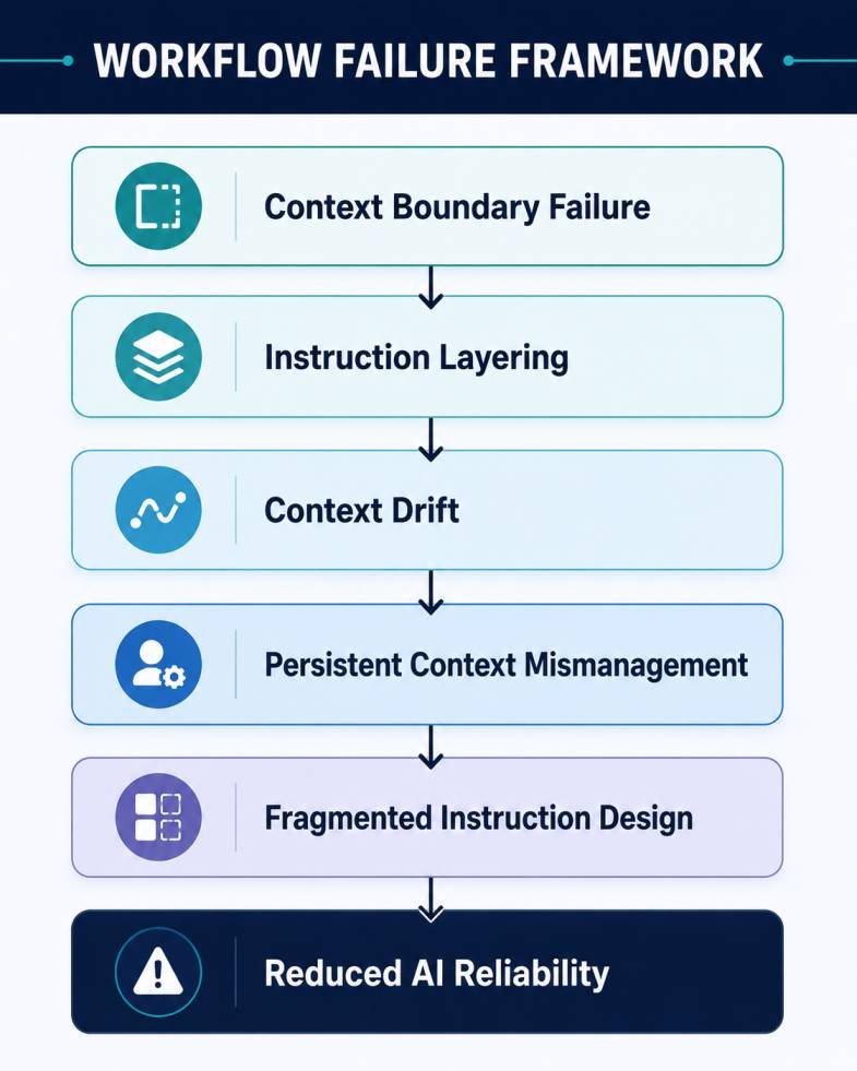 Workflow Failure Framework showing how context boundary failure, instruction layering, context drift, persistent context mismanagement, and fragmented instruction design contribute to reduced AI output reliability.