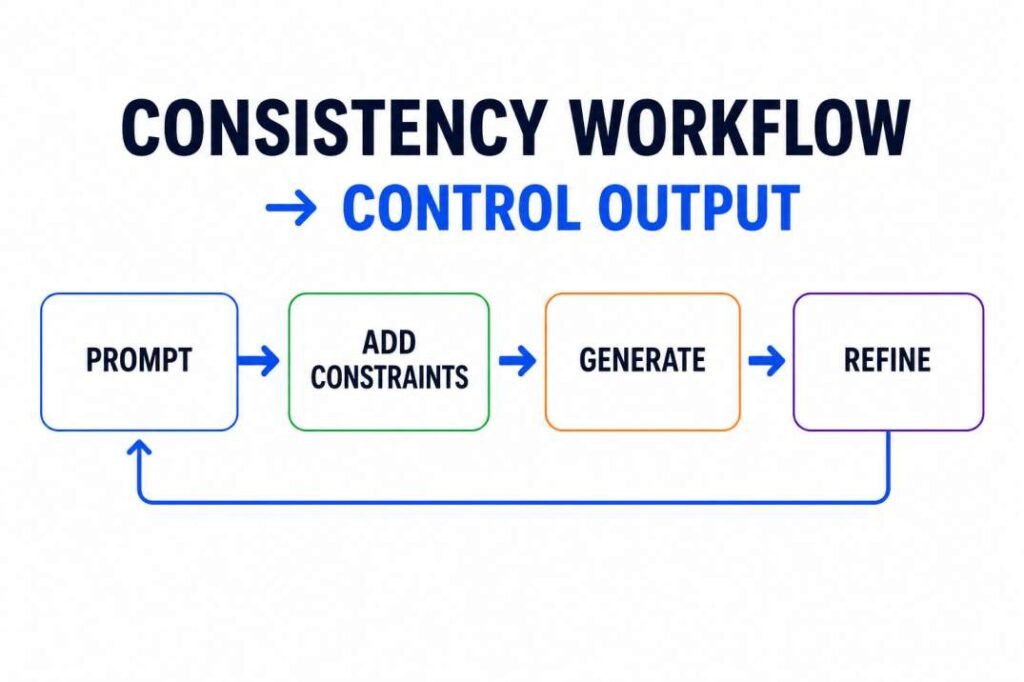 Diagram showing a simple AI workflow from prompt to constraints, generate, and refine to control output consistency