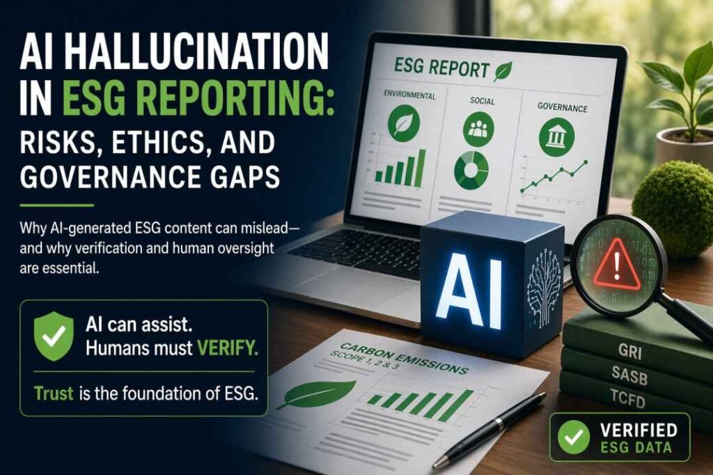 AI hallucination in ESG reporting showing risks governance issues and need for verified data and human oversight