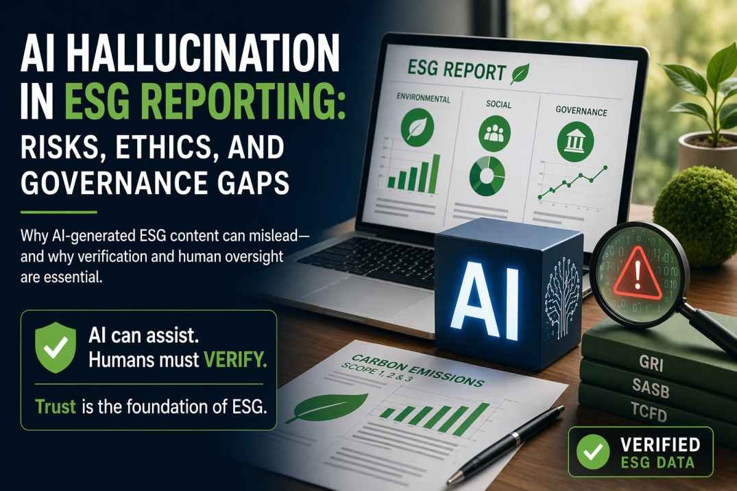 AI hallucination in ESG reporting showing risks governance issues and need for verified data and human oversight