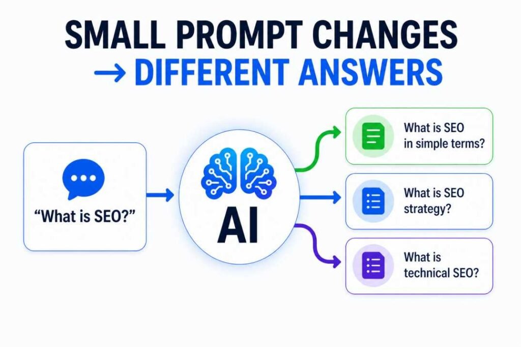 Diagram showing how small changes in AI prompts lead to different answers due to prompt sensitivity