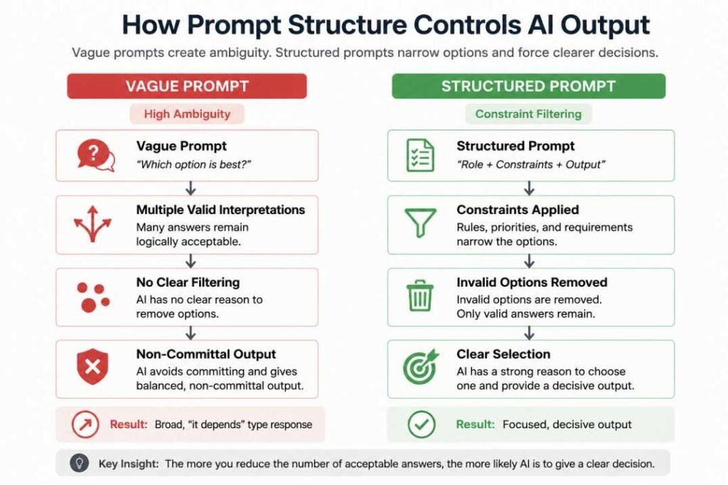 Diagram comparing vague prompts and structured prompts to show how prompt constraints lead to clearer AI decisions.