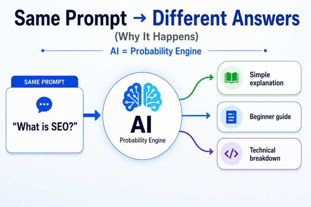 Diagram showing how the same AI prompt can produce different answers using a probability engine