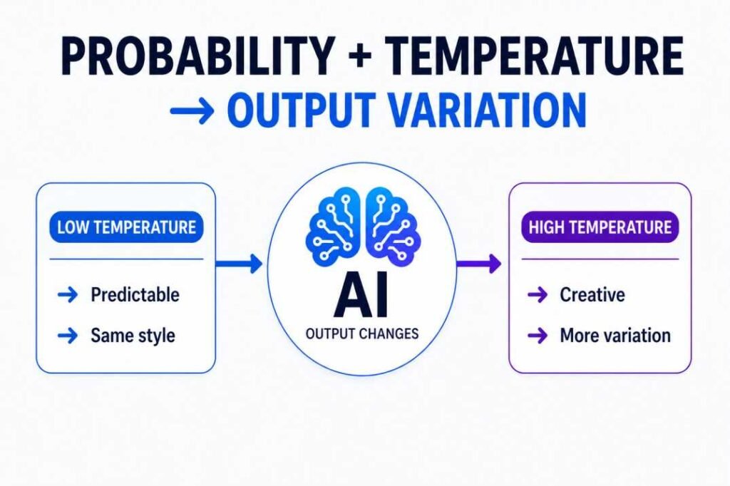 Diagram comparing low and high AI temperature showing predictable vs creative output variation
