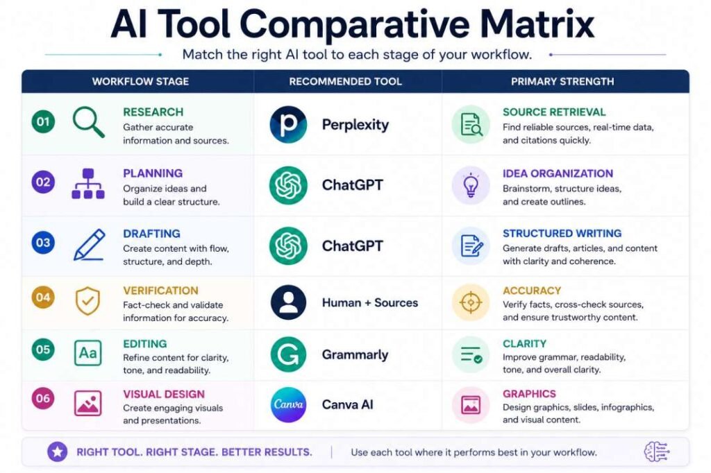 Comparative matrix showing the best AI tool for each workflow stage, including research, planning, drafting, verification, editing, and visual design.