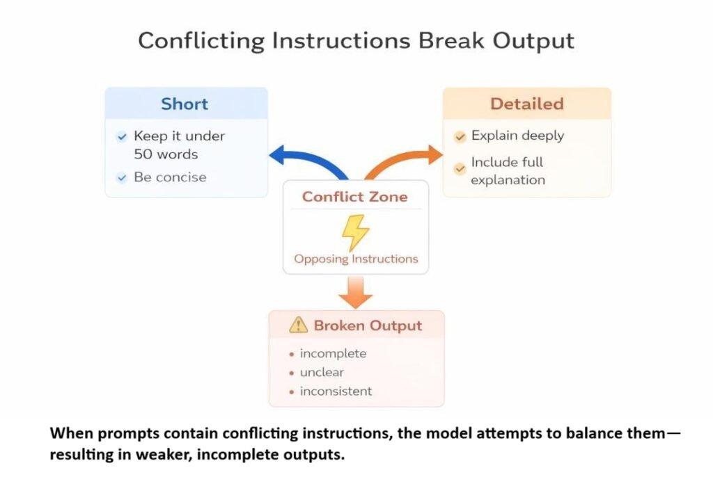 How ChatGPT ignores instructions when prompts contain conflicting constraints like short vs detailed, leading to broken output