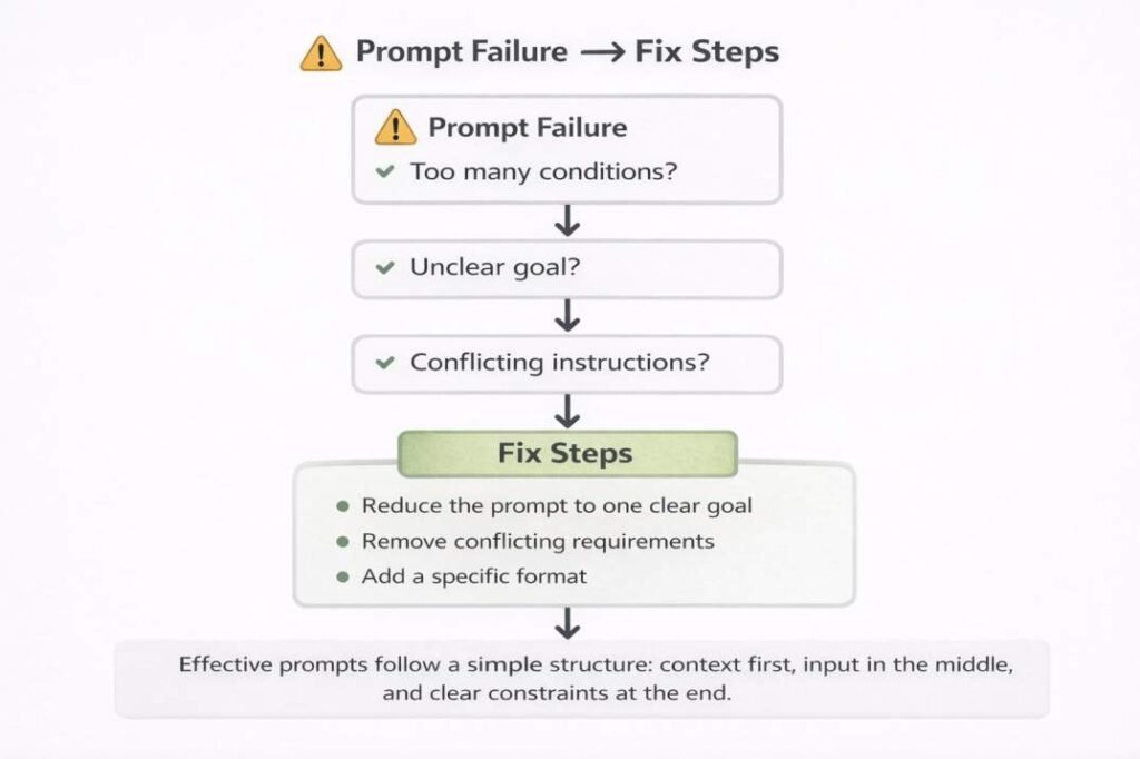 Flowchart showing why ChatGPT ignores instructions and how to fix prompts by reducing conditions, clarifying goals, and adding format constraints
