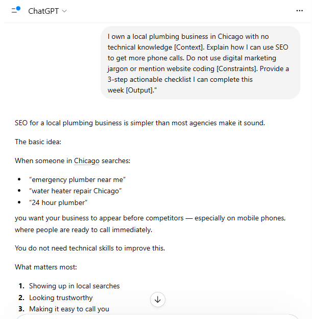 Screenshot of ChatGPT providing highly specific, actionable local SEO advice for a plumber after using the C.C.O. prompt framework.