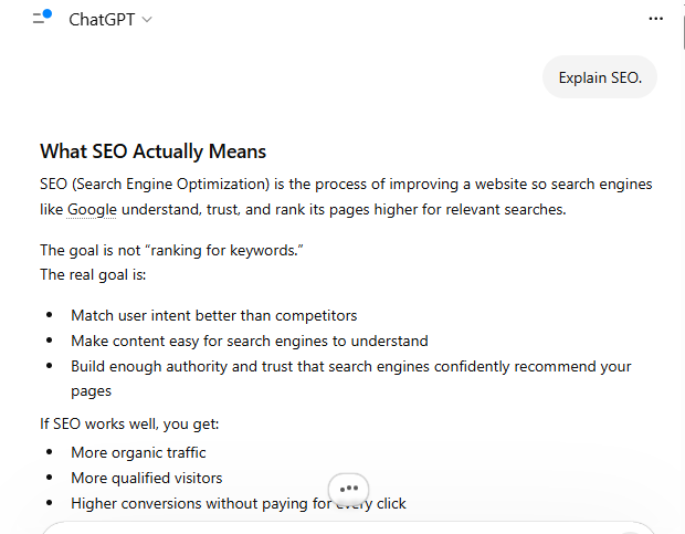 Screenshot of ChatGPT providing a generic, textbook definition in response to a weak prompt about SEO.