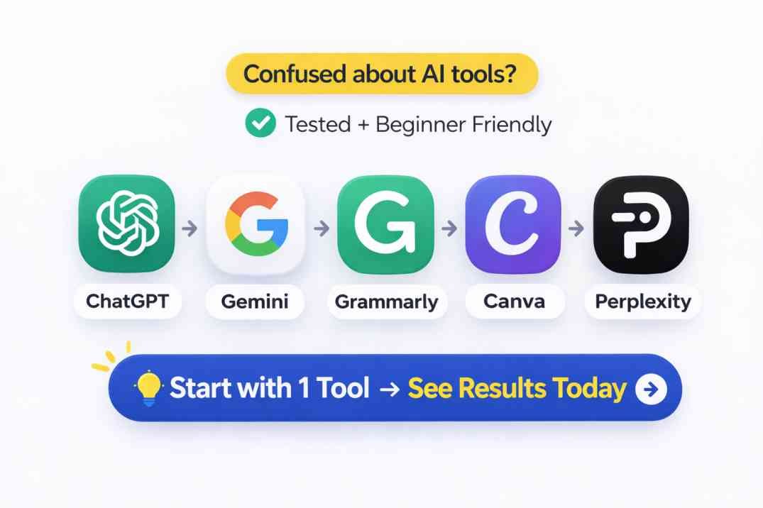 5 free AI tools for beginners including ChatGPT, Gemini, Grammarly, Canva and Perplexity with a simple workflow to get results faster