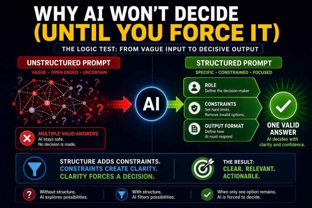 AI prompt structure diagram showing how vague prompts produce multiple answers while structured prompts lead to a single clear decision