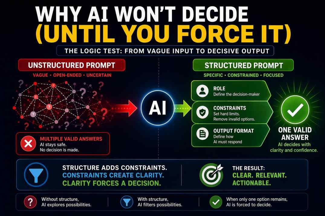 AI prompt structure diagram showing how vague prompts produce multiple answers while structured prompts lead to a single clear decision