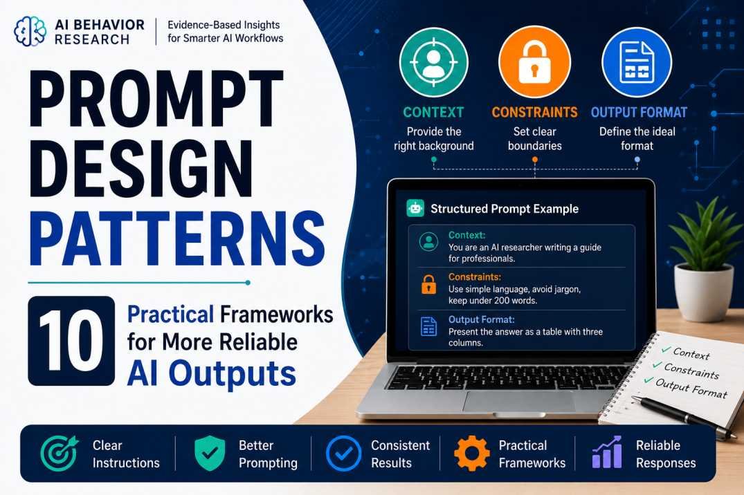 Infographic showing 10 prompt design patterns with the Context–Constraint–Output framework for improving AI output reliability.