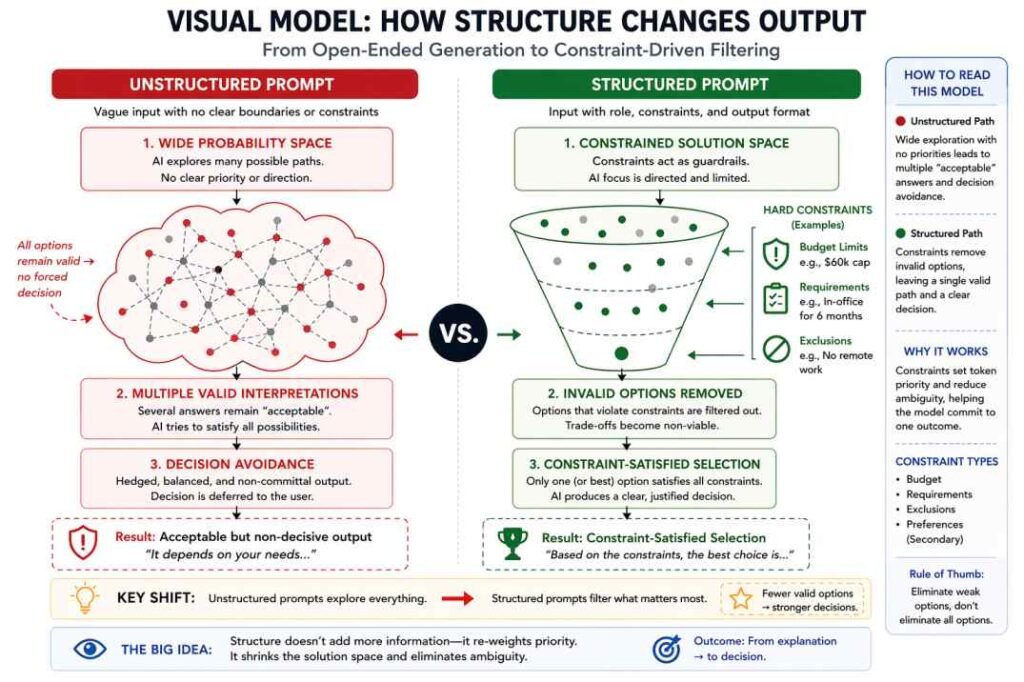 Prompt Structure AI diagram showing how structured prompts reduce solution space and force a single deterministic decision compared to unstructured prompts with multiple valid outputs