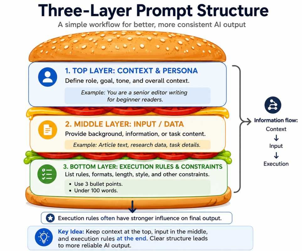 Three-Layer Prompt Structure infographic showing context at the top, input in the middle, and execution rules at the bottom for improving ChatGPT prompt consistency