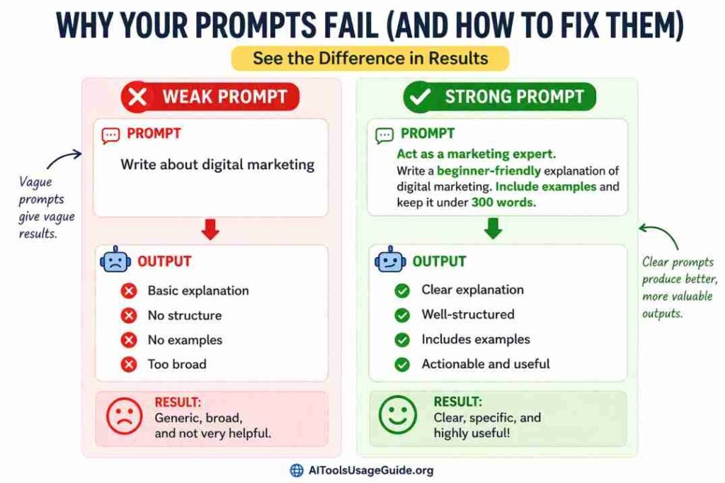 Comparison of weak vs strong ChatGPT prompt showing how structured prompts produce clearer and more useful outputs