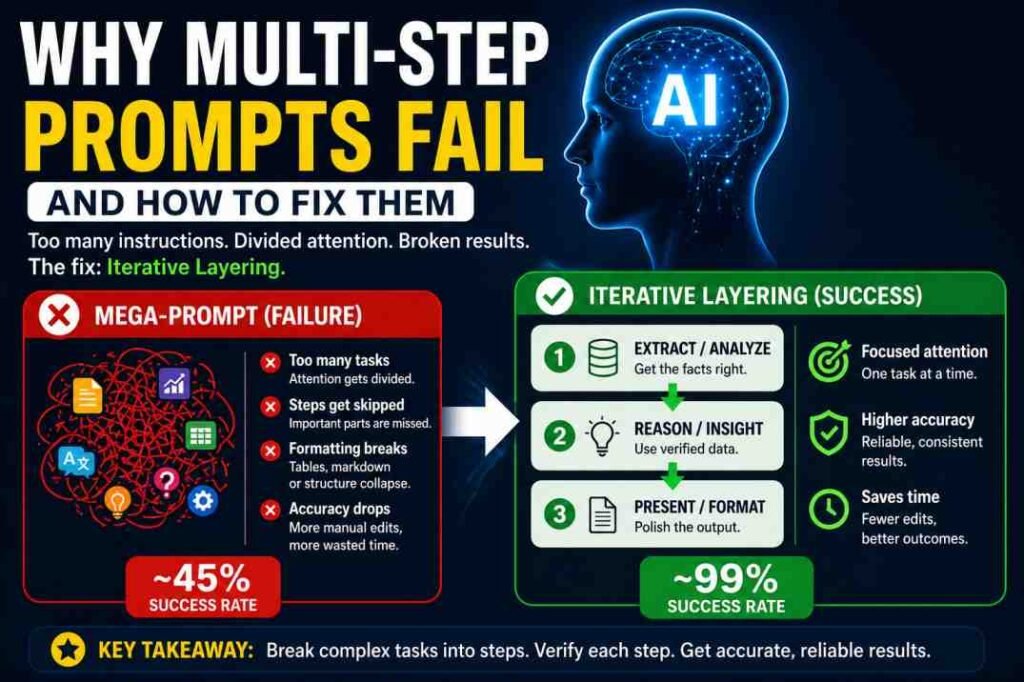 Infographic showing why multi-step prompts fail and how iterative layering improves AI accuracy.
