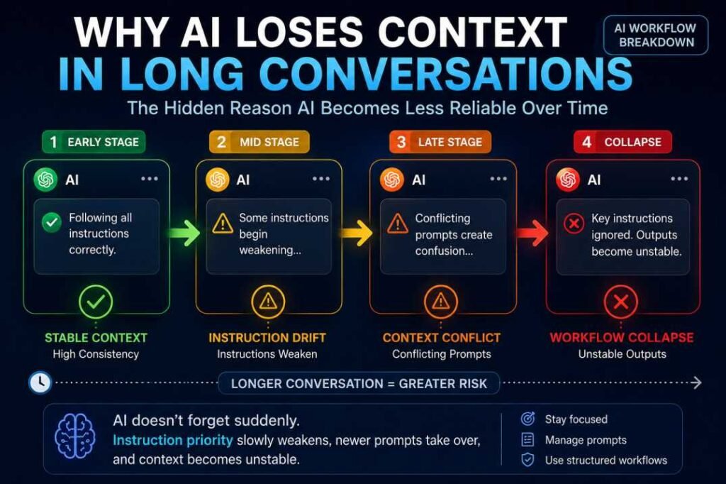 AI context degradation stages during long conversations