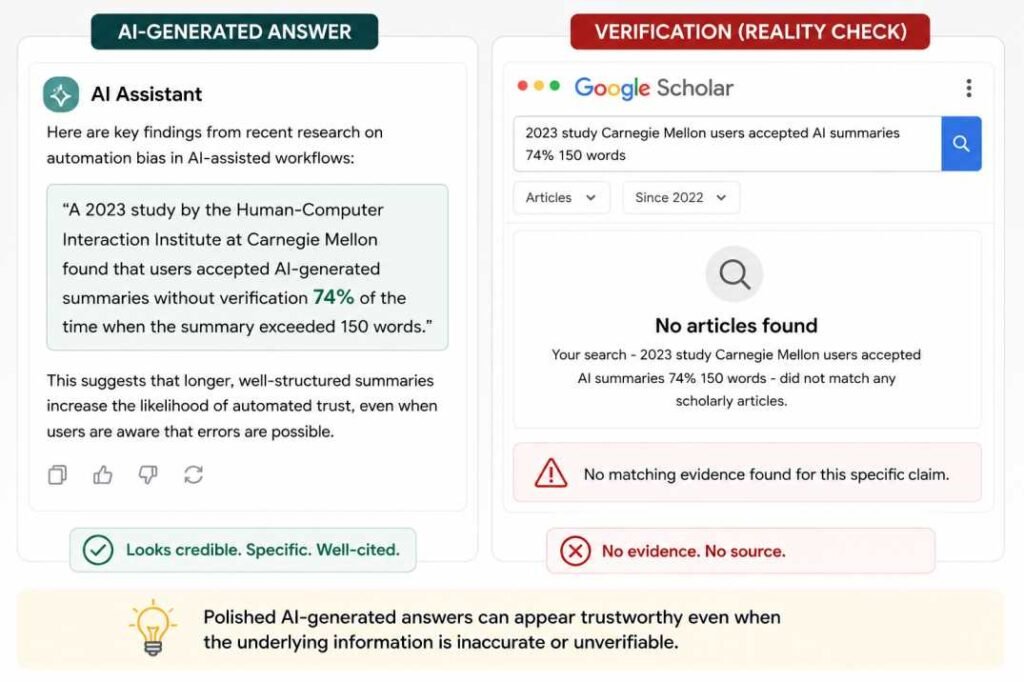 AI-generated answer compared with a verification search showing no evidence for a hallucinated statistic